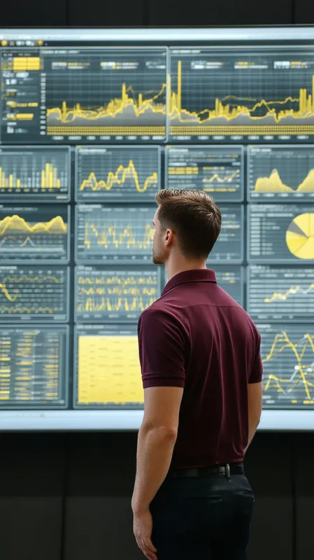 Analyzing Data on Giant Screen - Realistic photo showing a full-length standing man with fair skin, short brown hair, wearing a burgundy polo shirt, with his back turned looking up at a giant computer screen displaying a huge array of yellow graphs and data charts.