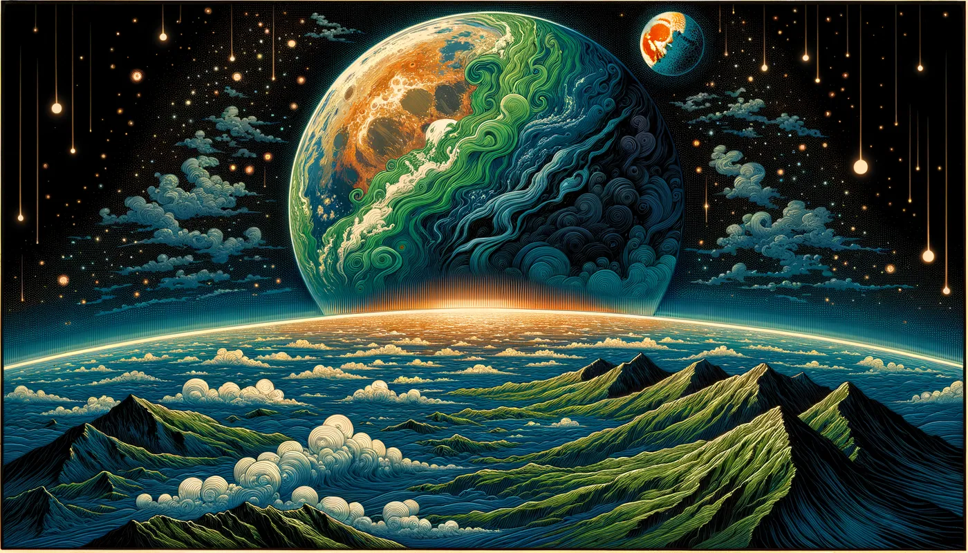 Ancient Earth's Formation - Earth billions of years ago while the moon was still forming. - AI image generated with Art - ukiyo-e, panoramic view