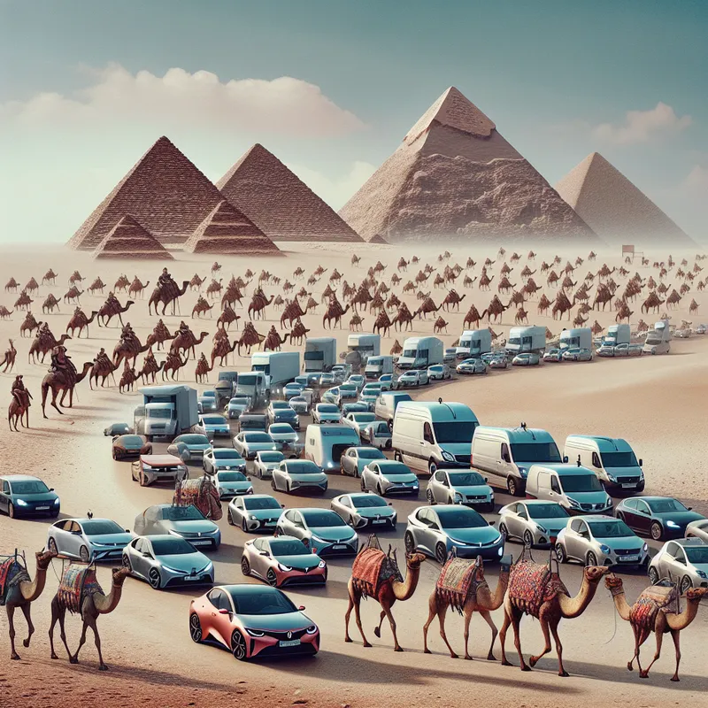 Ancient Exodus Reimagined - A hyper-realistic depiction of the ancient Exodus with a 21st-century twist, featuring a bustling exodus scene with cars, vans, and Tesla vehicles mingling in a caravan with camels. No human figures are visible, creating a sense of mysterious departure. The timeless pyramids loom in the background juxtaposed against the modernity of the vehicles, exemplifying a blend of eras. - hyper-surrealism