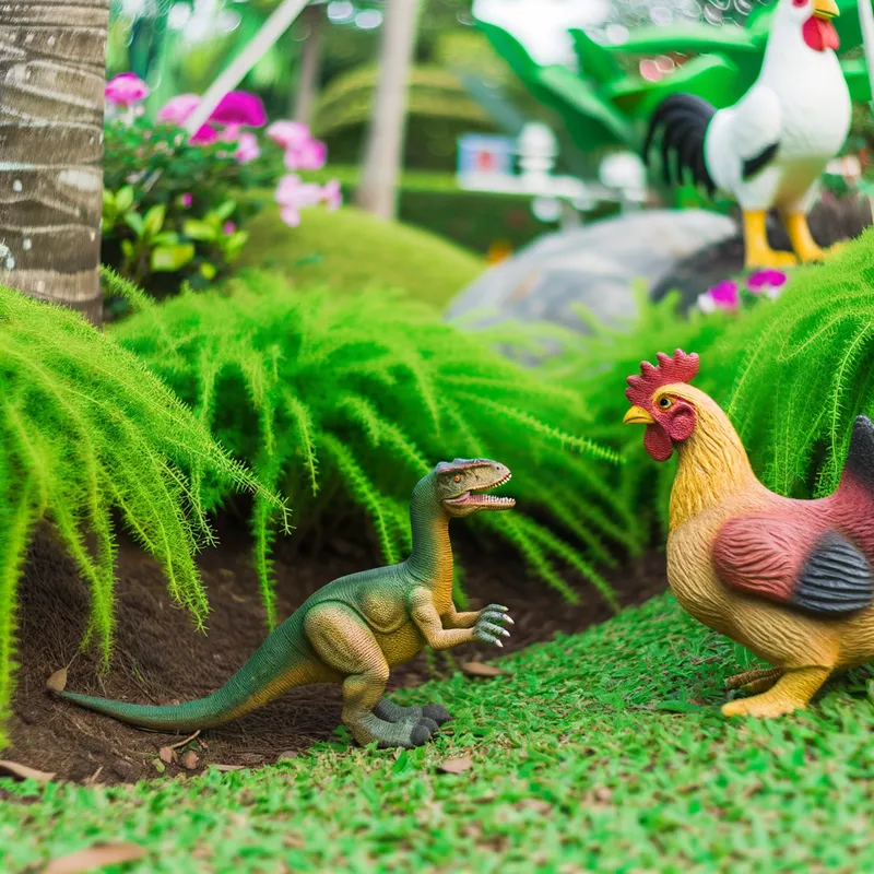 Ancient Meets Modern - A captivating garden scene of a small dinosaur and a chicken facing each other, capturing the whimsical and curious interaction between the ancient and the modern. - AI image generated with Art