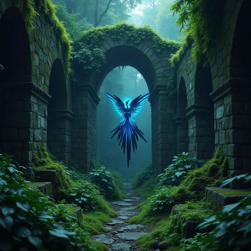 Ancient Phoenix Haven - In the heart of a dark rainforest lies an ancient ruin, its stone surfaces blanketed in vibrant green moss. A luminous phoenix with brilliant blue eyes perches within. - AI image generated with Flux