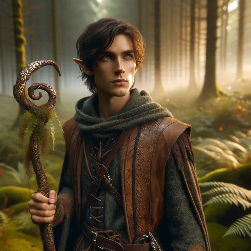 Ancient Runes in Morning Mist - A young elf druid with piercing emerald green eyes and dark shoulder-length hair strides through a misty forest in Middle-earth. He is dressed in worn, earth-toned leather robes with intricate natural patterns and carries a polished, gnarled wooden staff inscribed with shimmering ancient runes. Golden dawn light filters through the forest canopy, creating dappled shadows on the mossy ground covered in ferns and wildflowers swaying in the gentle breeze. - AI image generated with Art - fantasy art