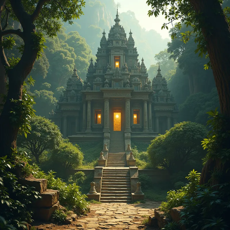 Ancient Temple Treasure - An ancient temple deep in the jungle, with golden artifacts and jeweled crowns hidden among the ruins. - AI image generated with Photorealistic 2