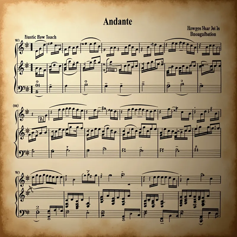 Andante Elegance - Compose a gentle Andante movement for piano, drawing inspiration from Bach's intricate harmonies. Incorporate flute and oboe to add a delicate and airy texture, supported by a subtle bassoon.