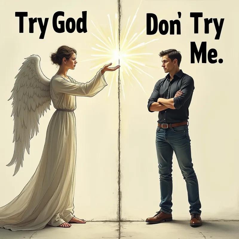 Angel and Warrior Depiction - An ethereal angelic figure extending a hand with a soft glow and the words 'Try God' floating above, while on the opposite side stands a fierce modern person with a defensive stance, arms crossed, next to bold black text 'Don't Try Me.' The two figures are separated by a sharp dividing line. - AI image generated with Text