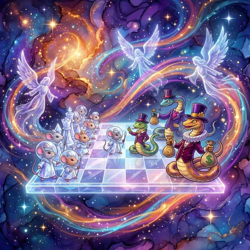 Angelic Arena: The 5D Chess Match - A whimsical, otherworldly background alive with nebulas, luminous stars, energy streams, and floating angels. At the forefront, a transparent 5D chessboard featuring intelligent mice allies in white crystal garb facing off against extravagantly dressed snake opponents holding money. Cartoon flair highlights the playful battle of good and evil. - AI image generated with 4K Pro - vivid colors, cartoony, alcohol ink