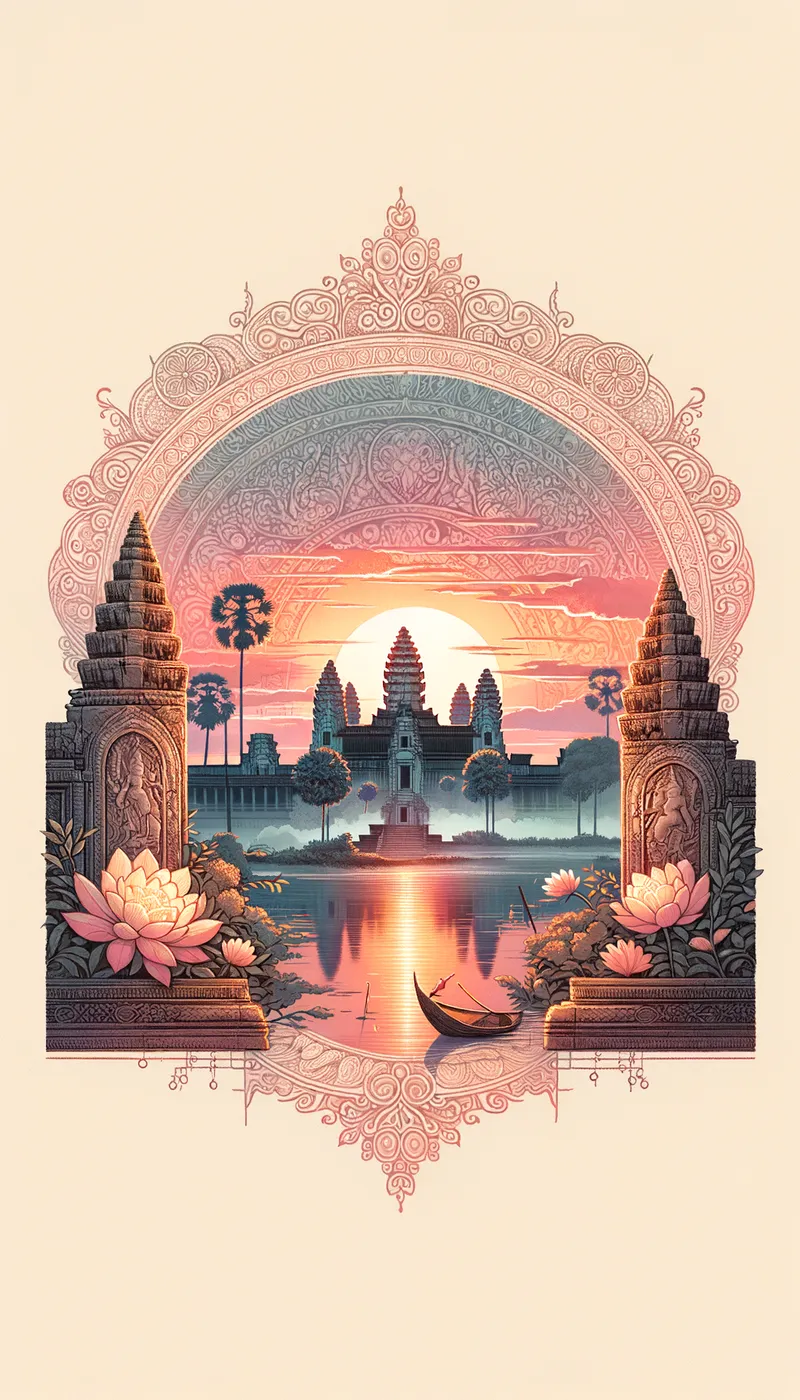 Angkor Sunrise Itinerary - An enchanting cover page for a Cambodia travel itinerary, capturing the mystique of Angkor Wat at sunrise, the intricate carvings of ancient temples, and the serene beauty of Tonle Sap lake. - AI image generated with Art