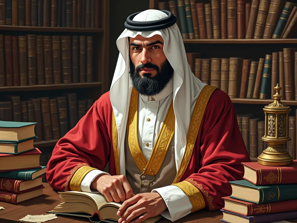 Anglo-Arabic Scholar - An artistic illustration of an Anglo-Arabic man in a scholarly setting, surrounded by books and illuminated manuscripts, showcasing his rich cultural heritage and knowledge. His attire reflects a blend of classical Arabic academic robes and English scholarly garments. - AI image generated with Photorealistic 2