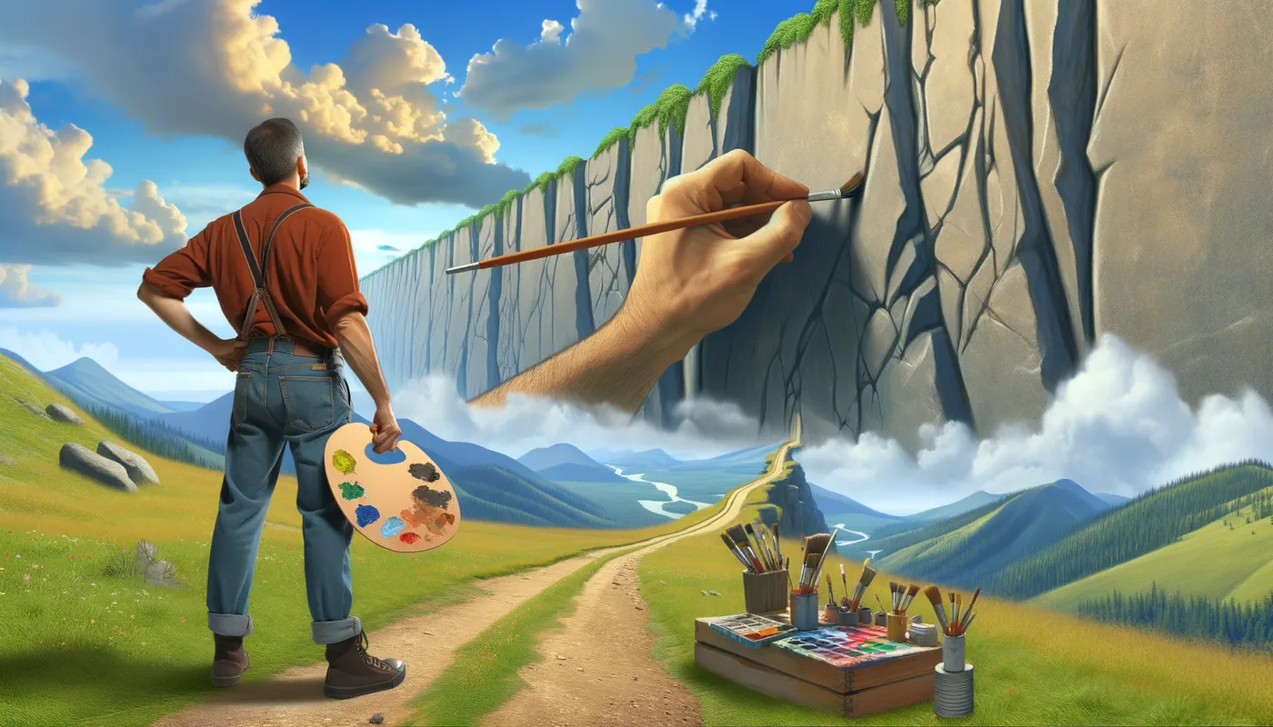 Angry Artist - a landscape artist standing at one side of a large rock wall in anger - AI image generated with Art - over-the-shoulder