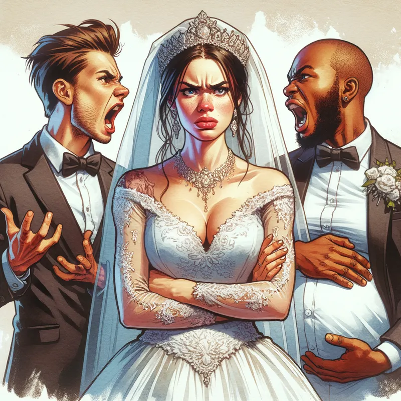 Angry Bride's Stare - an angry bride glaring in anger at her brother and his pregnant girlfriend - AI image generated with Art - aquarelle