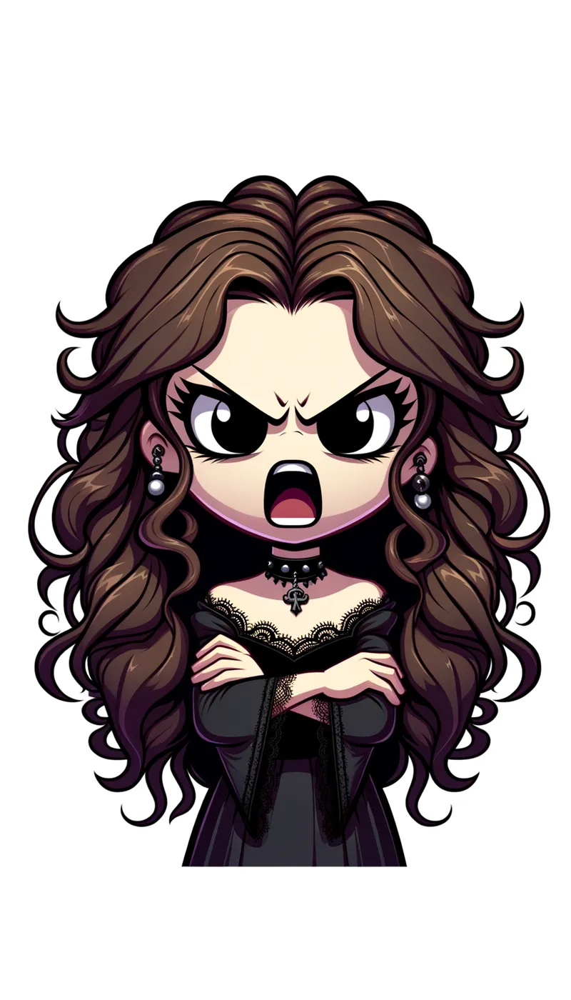 Angry Curly-Haired Goth - A goth girl with an infuriated expression, characterized by her long brown curly hair and thick side bangs, arms crossed, yelling 'you pi'd me OFF'. - AI image generated with Art - cartoony