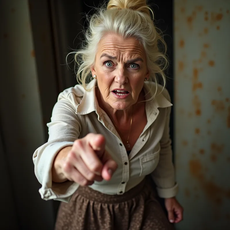 Angry Skirted Blonde - An older woman, 55 years old, with her blonde hair pulled up, wearing a skirt and looking furious, pointing with intensity. - AI image generated with Photorealistic 2 - photorealistic