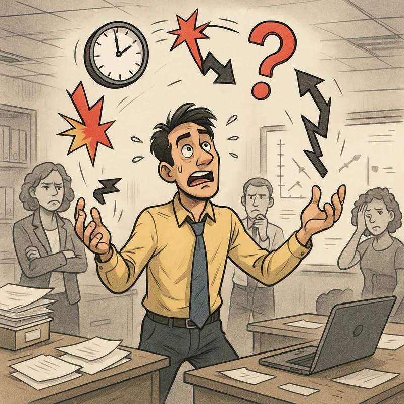 An illustration of a juggler in a chaoti - An illustration of a juggler in a chaotic office setting, juggling multiple items such as a clock, a conflict symbol, a question mark, and a broken arrow. Each item represents a challenge faced by SCTI in their decision-making process. The office background should include scattered documents, a whiteboard with incomplete charts, and a mix of concerned and frustrated employees. - AI image generated with GPT Image