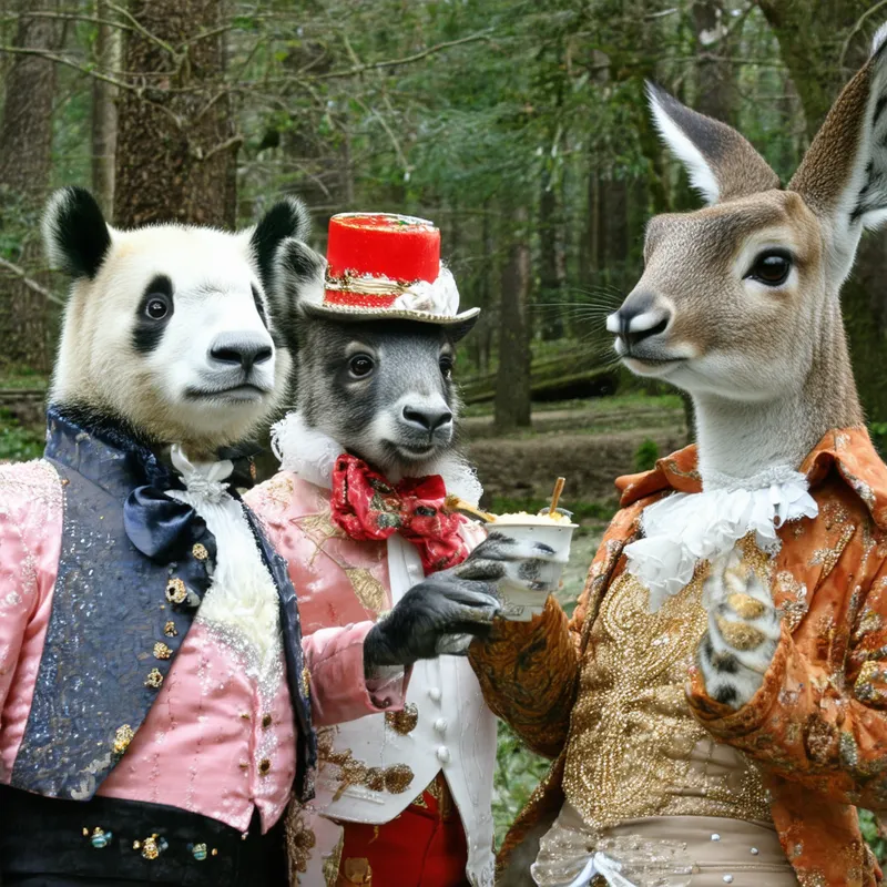 Animal Show: Humans in the Zoo! - The animals are putting on a show! Dressed in fancy outfits, they watch us humans with amusement. It's like we're the ones in the zoo, and they're wondering if we remembered to bring snacks! A funny, topsy-turvy kind of day.