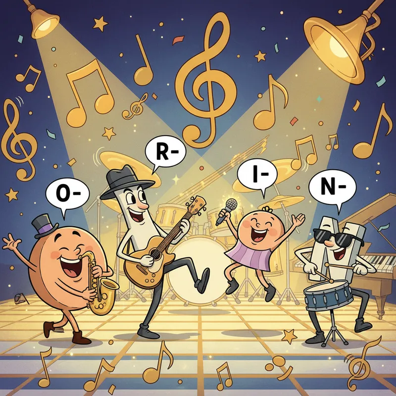 Animated Letters Orin Singing - In a 1920x1080 scene, the cartoon letters 'O', 'R', 'I', and 'N' perform joyfully on a music stage. Each letter displays a unique persona, with animated faces and dancing moves, happily singing their parts to spell out 'Orin'. The lively background is filled with instruments and musical symbols. - AI image generated with Nano Banana
