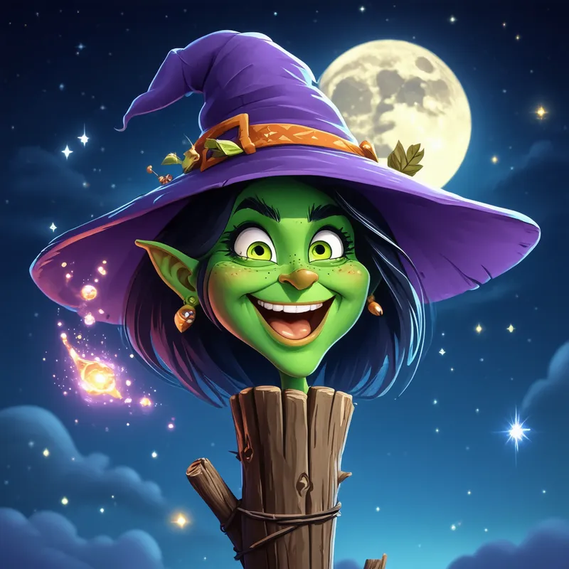 Animated Sorceress Stick - A green-skinned, very expressive witch head with magical elements floating around, affixed to an ancient wooden stick, positioned in a moonlit night setting. - cartoony