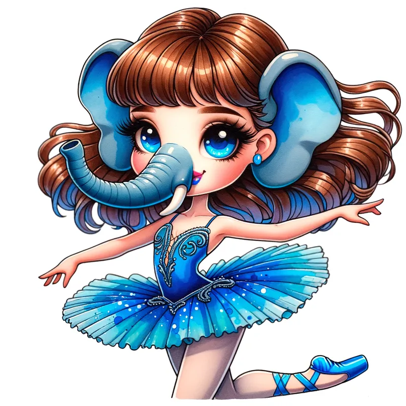 Anime Ballerina Elegance - A beautiful anime ballerina with brown silk hair wearing a blue unisex overall unitard and blue ballet pointe shoes. She also has a plastic elephant trunk on her nose with blue lipstick, gracefully dancing. - AI image generated with Art - cartoony, colorful, alcohol ink