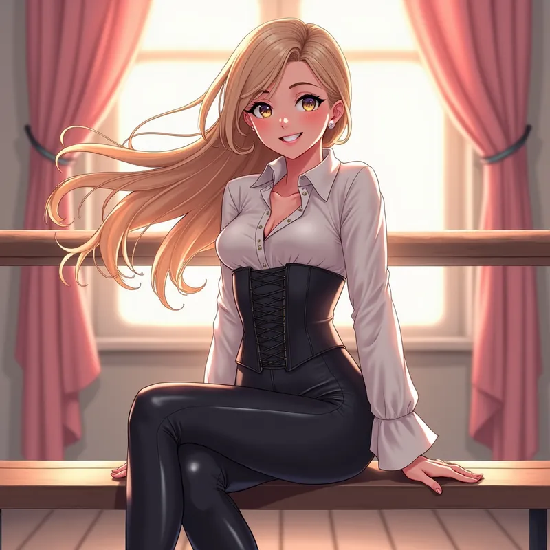 Anime Ballerina in Black and White - A lovely anime ballerina with flowing silk hair, adorned in a black corset and a crisp white blouse, complemented by black tight leather jeans and black ballet pointe shoes. She is sitting upright on a bench, right leg crossed, and smiling enchantingly as she faces the viewer. Digital art. Illustration. - AI image generated with Photorealistic 2 - cartoony, colorful