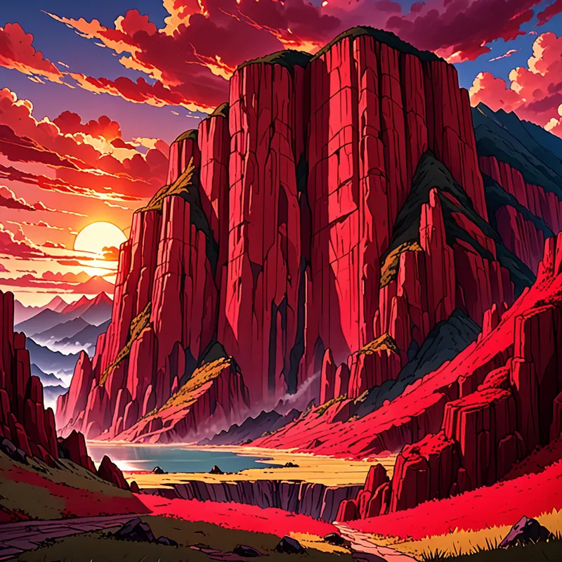 Anime Crimson Colossus - Colossal red mountain cliffs portrayed in an eye-catching anime style, with stunning detail, bold composition, radiant sunset lighting, and an epic fantasy landscape aesthetic. - AI image generated with Fictional