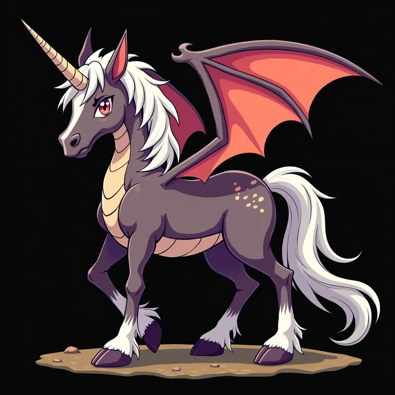 Anime Horse Monster with Dragon Wings - Anime style Horse monster with a scorpion tail and dragon wings.  Black background - AI image generated with Flux