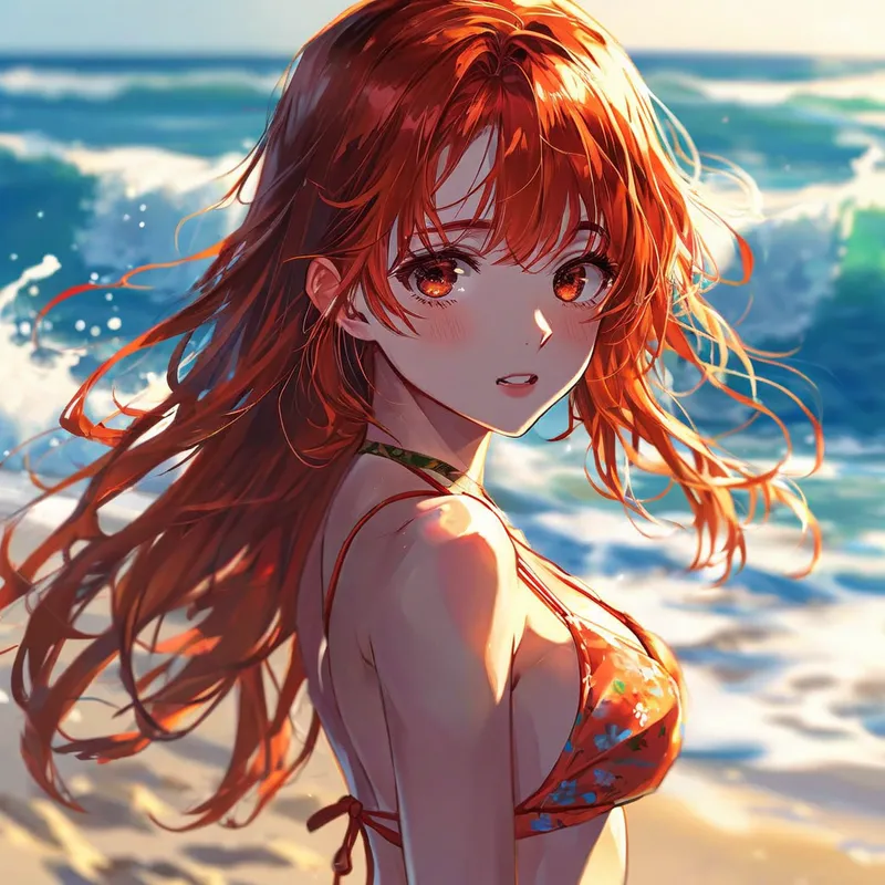 Anime Redhead on Sunny Beach - A beautiful young redhead in a bikini, styled in vibrant anime art. She stands on a sandy beach with the ocean waves gently crashing behind her. Her hair flows with the breeze, and the sunlight highlights her features, giving the scene a warm and lively feel. - AI image generated with Nova Canvas