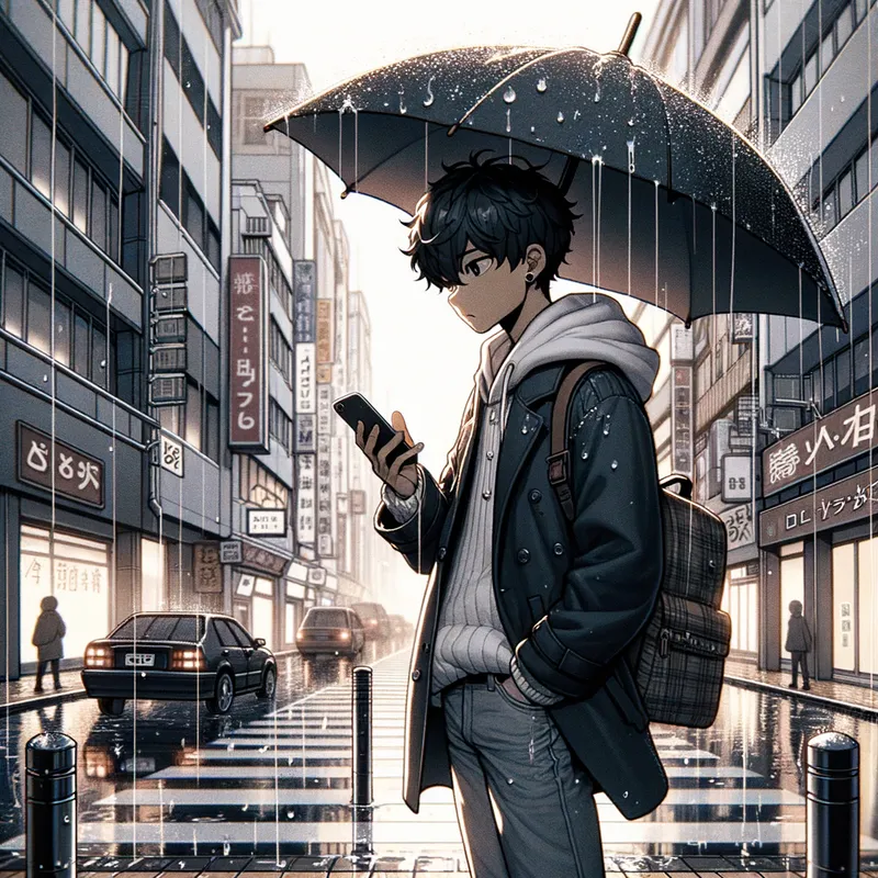 Anime Teen in Rain, Ex Calling - anime black teen man walking in the rain looking at his phone ringing with caller id "ex" - AI image generated with Art - ghibli, fish eye