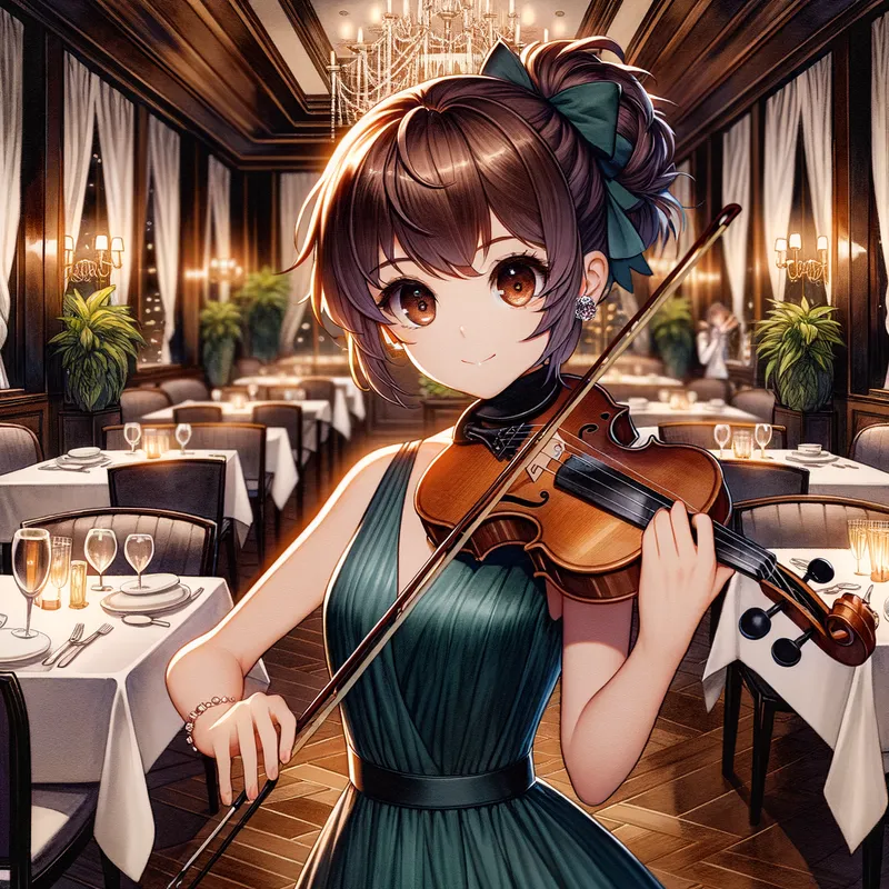 Anime Violinist in Elegant Restaurant - Anime-style watercolor illustration of a fancy restaurant interior with dark and enrich coloring. A long distance image of a charismatic adult female musician with brown hair styled into a short spiky ponytail, twinkling brown eyes, playing the violin, portrayed with expressive anime features. Wearing a teal dress that ombre to black, and white round toe heels - AI image generated with Art