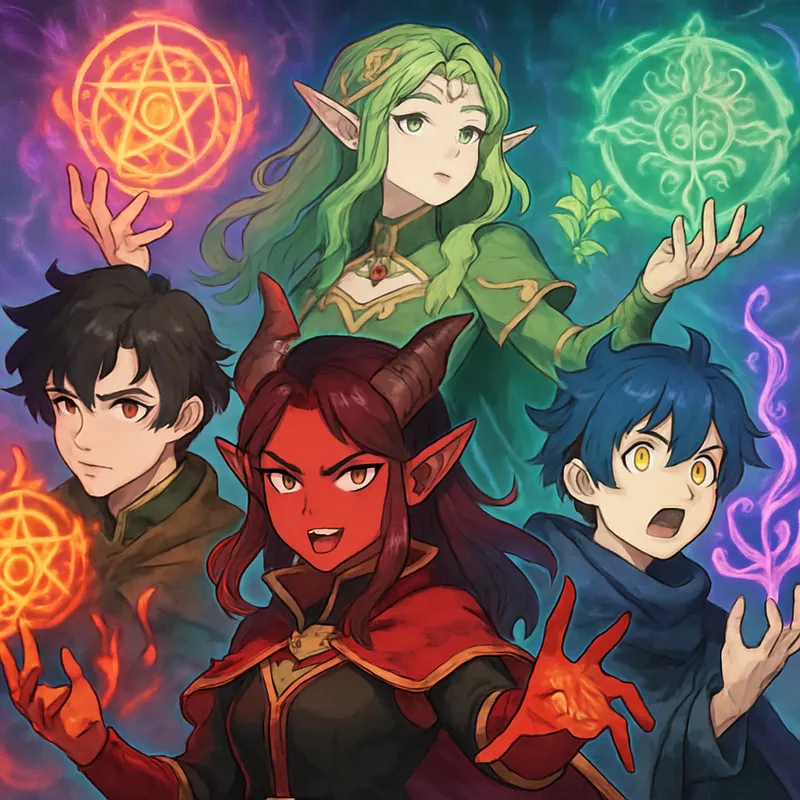 Anime Warlock Gathering - A vibrant anime-style image featuring a diverse group of Dungeons & Dragons warlocks, each with unique magical symbols and outfits representing different patrons such as fiends, archfey, and eldritch beings. The warlocks pose dramatically against a mystical, swirling background. - AI image generated with GPT Image