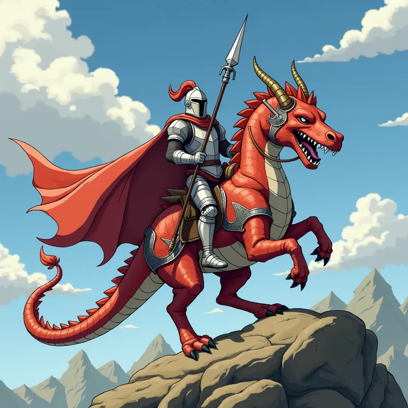 Anime style knight riding on the back of - Anime style knight riding on the back of a dragon holding a lance and a shield.  No background  - AI image generated with Flux
