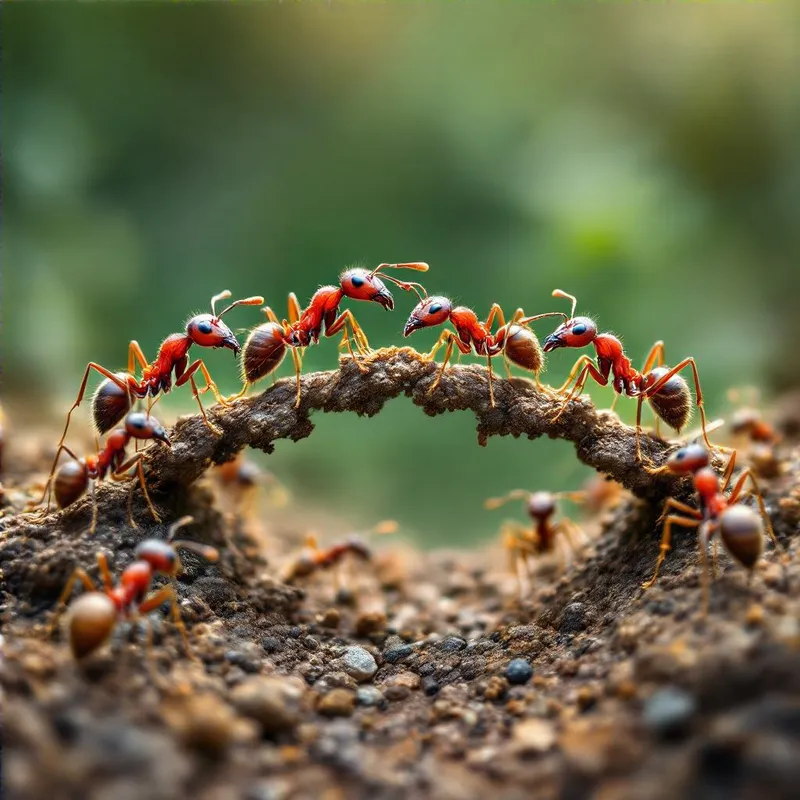 Ant Bridge - A dramatic image of ants forming a living bridge across a small gap or obstacle, showcasing their teamwork and engineering skills. - AI image generated with HiDream Full - extreme close-up
