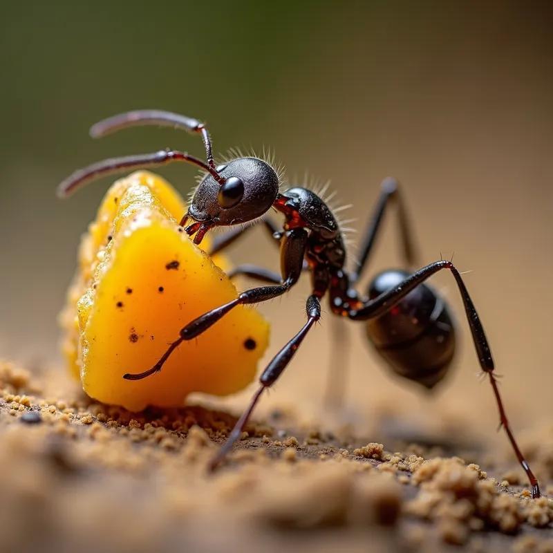 Ant Carrying Food - A macro shot of an ant lifting and carrying a piece of food much larger than itself. The image emphasizes the strength and determination of the ant. - AI image generated with Photorealistic 2 - extreme close-up