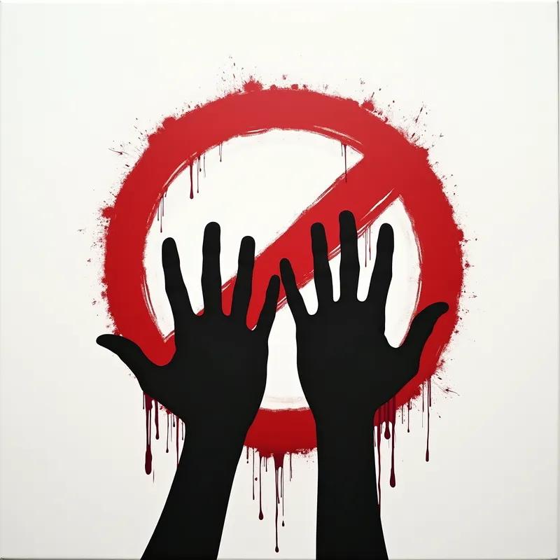 Anti-Violence Symbolic Art - A pair of shadowy, blood-dripping hands in dark silhouette are placed behind a prominent red prohibition symbol—a circle with a diagonal line—set on an empty white canvas, visually declaring the message: 'no blood on my hands.' - AI image generated with Photorealistic 2