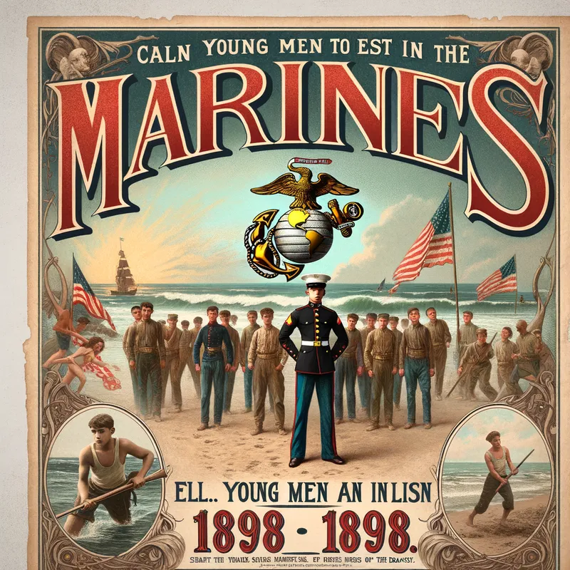 Antique Marines Join-Up Poster - A poster from the year 1898 calling young men to join the marines, illustrated in an older style. It features an inspirational quote wrapped in elegant borders, a detailed close-up of marine insignia, and an action-packed scene of marines in training on the beach. The look should be authentically aged and full of patriotic detail. - AI image generated with Art