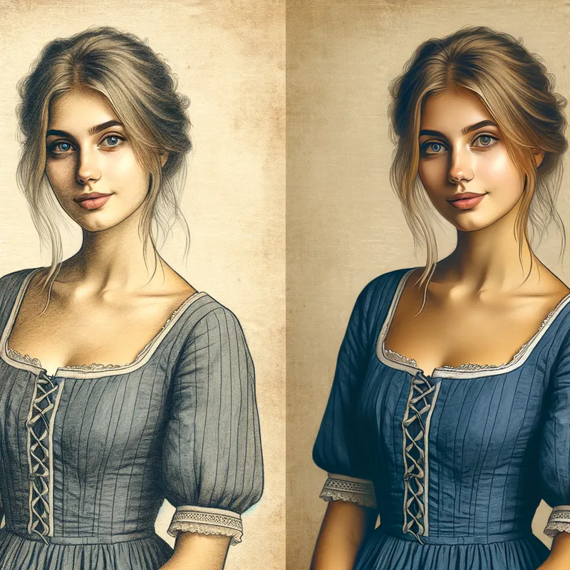 Antique Peasant Lady - This image is a 1300s-style painting of a peasant woman with blonde hair, brown eyes, fair skin, and a slender body. She wears a simple blue dress, typical of medieval peasant wear, captured with a vintage artistic touch. - AI image generated with Art