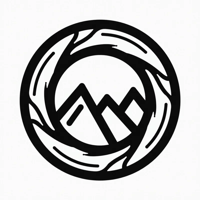 Aperture Icon with Mountain Drawing - stylized simple black and white icon of camera lens aperture blades with simple drawing of mountains in the center of the lens - AI image generated with Flux