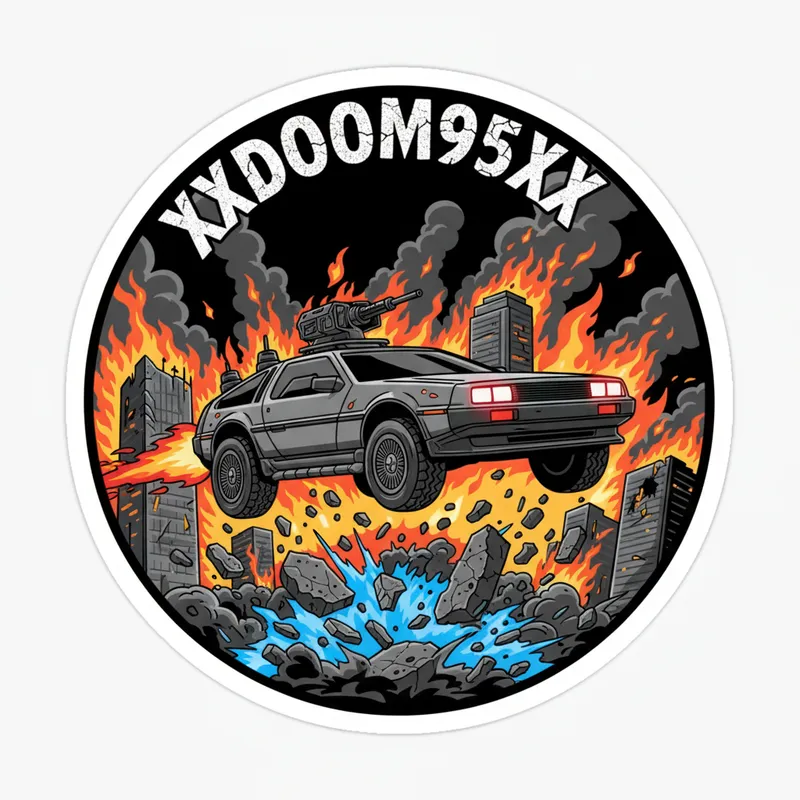 Apocalypse Drift Vector Sticker - Design a circular vector image for a sticker: An armored, gun-toting DMC DeLorean with vivid red headlights, airborne over shattered debris in the midst of a burning city. Flames and chaos surround the car, emphasizing high-octane action. 'XXDOOM95XX' is displayed boldly at the top in a distressed font. - AI image generated with Nano Banana
