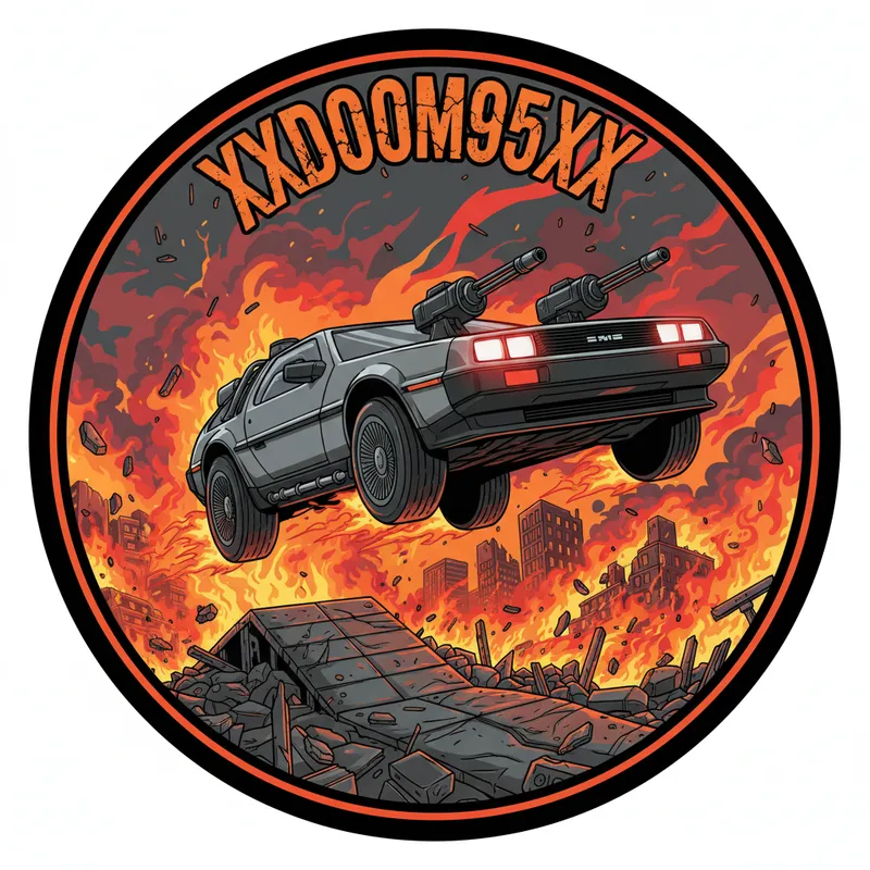 Apocalyptic Drift - Design a vibrant circular vector sticker featuring an armored DMC DeLorean with powerful guns and blazing red headlights, leaping through shattered debris over a burning, chaotic cityscape. Intense flames and destruction surround the car to highlight the high-octane action. The bold text 'XXDOOM95XX' appears at the top in a distressed, worn font. - AI image generated with Nano Banana