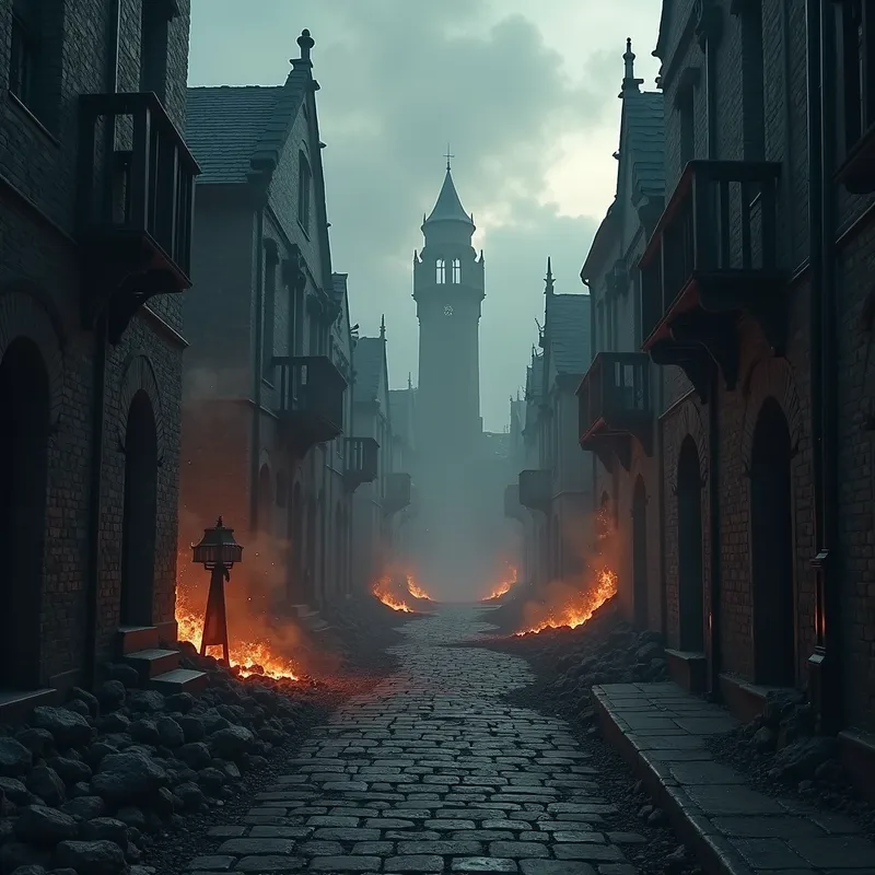 Apocalyptic Medieval Streets - Dark, narrow cobblestone streets of a medieval fantasy city under dystopian destruction. The scenes are filled with smoldering ruins and thick smoke, with shadows casting eerie silhouettes of what once stood. - AI image generated with Photorealistic 2