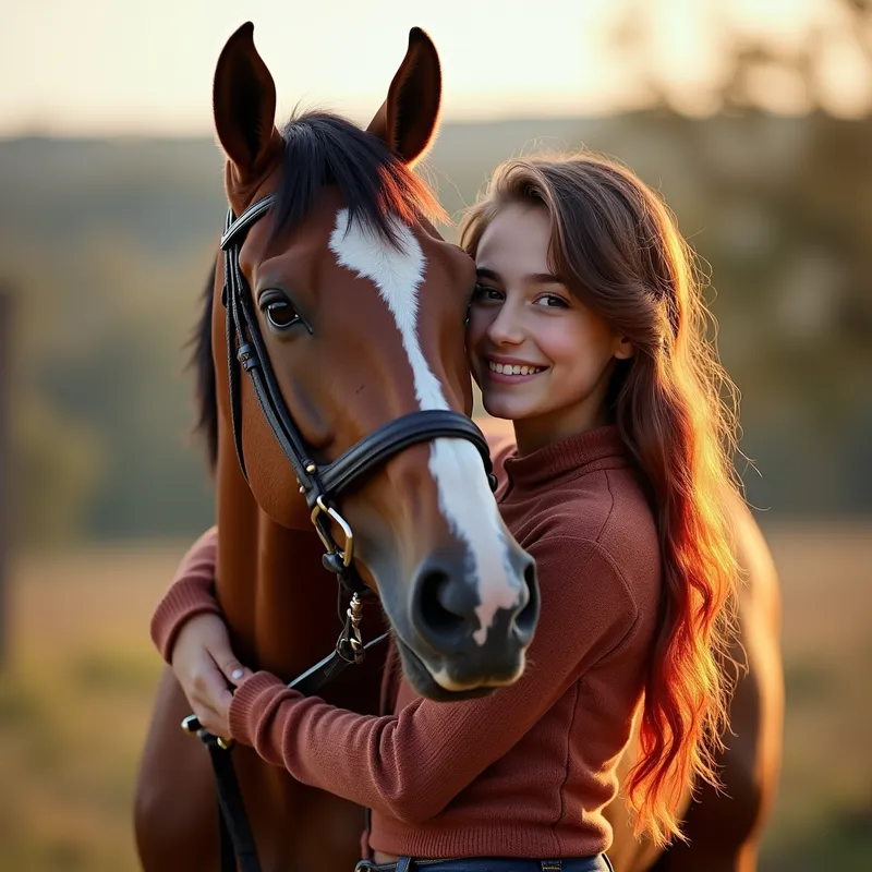 Arab American Teen with Arabian Horse - a arabic American teenage girl with red highlights in her hair holding a beautiful Arabian horse on an American farm dressed in cute trendy American riding outfit - AI image generated with Photorealistic 2