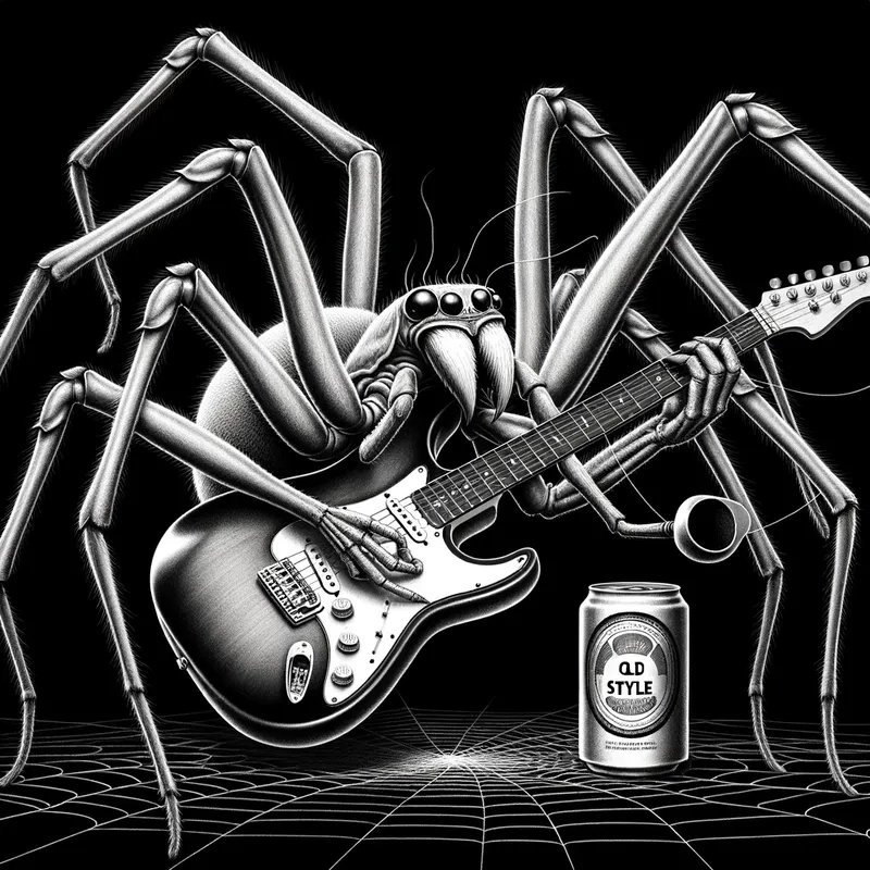 Arachnid Blues - HIGH resolution black and white image depicting a long legged and large fanged spider leisurely playing a Stratocaster guitar in its web. One of its legs holds a can of Old Style beer while another leg clutches an old-fashioned curved pipe. The guitar stands prominently as the central focus. - AI image generated with Art