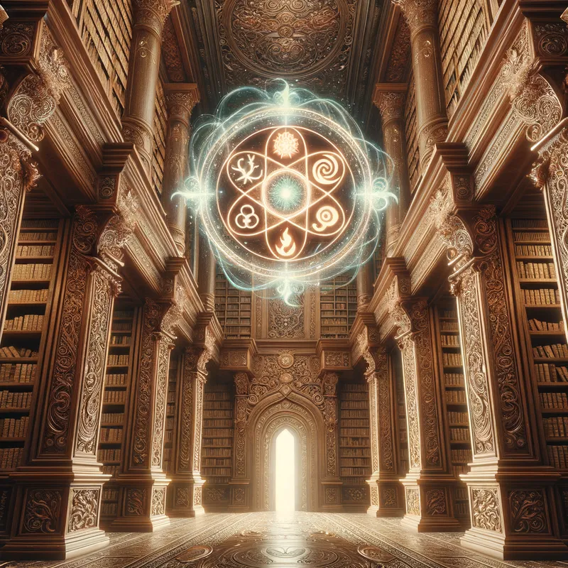 Arcane Elemental Library - A magical library adorned with intricate carvings and shelves that stretch into the clouds. A radiant symbol of the elements hovers above the ornate entrance, shimmering with arcane magic. - AI image generated with Art