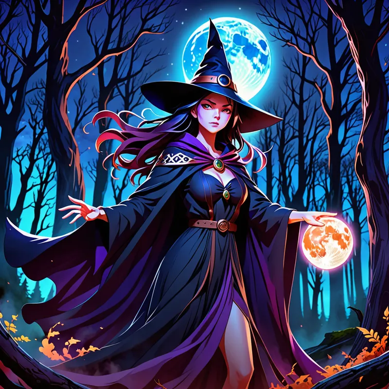 Arcane Moon Witch - Anime-style girl witch casting a powerful spell under a glowing full moon, dramatic magical energy swirling around her hands, flowing cloak, enchanted forest background, vibrant colors, dynamic pose, highly detailed fantasy illustration - AI image generated with Fictional