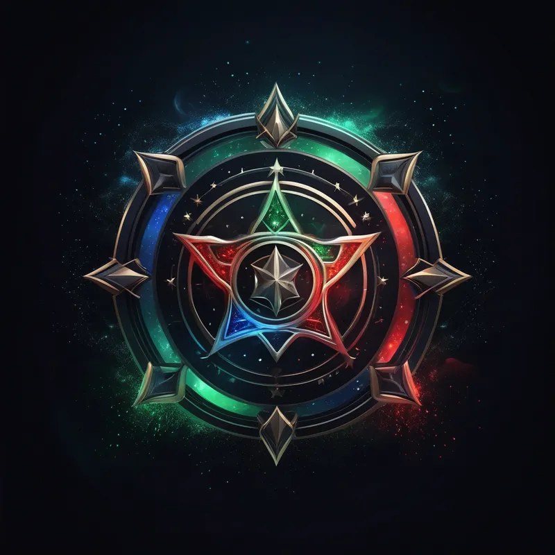 Arcane Prism Emblem - A striking magical logo design featuring a central glowing emblem with red, green, white, blue, and black color harmony, surrounded by ethereal light, subtle mystical particles, and a clean high-contrast composition on a dark background. - AI image generated with Stable Diffusion XL