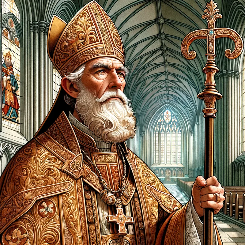 Archbishop from The Sword in the Stone - A detailed illustration of the Archbishop from the play 'The Sword in the Stone'. Depict him wearing elaborate medieval clerical robes adorned with gold and intricate patterns. He should have a wise and stern expression, holding a staff with a cross at the top. The background shows the interior of a grand cathedral with high vaulted ceilings and stained glass windows depicting scenes from Arthurian legend. - AI image generated with Art