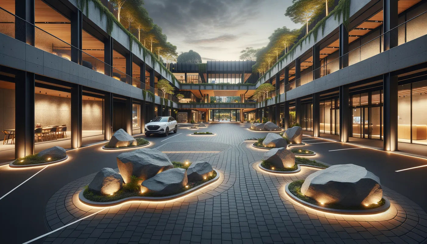 Architectural Rock Space - A stylish parking lot design with grand, artistically arranged large rocks creating elegant separations between businesses, under evening lights. - AI image generated with Art