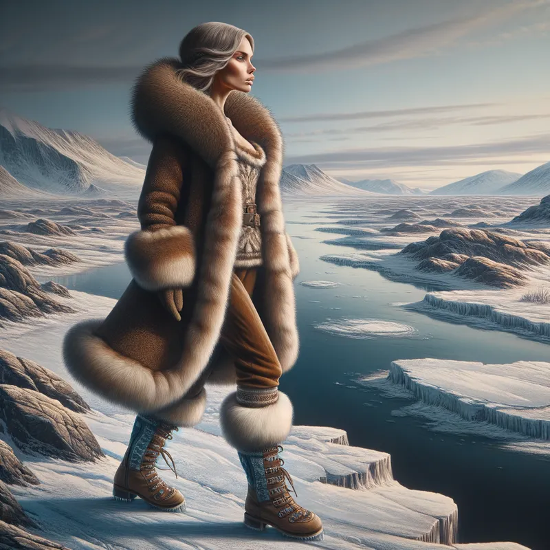 Arctic Beauty - An artistic portrayal of a stunning Eskimo woman standing on an icy landscape. Dressed in a brown fur jacket, brown pants, and knee-high blue and white boots, she looks into the horizon, anticipating the arrival of her suitor. The scene is rendered in digital art. - AI image generated with Art
