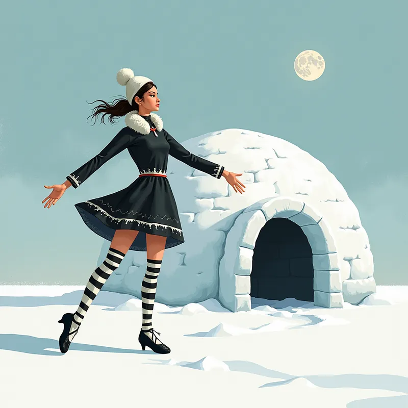 Arctic Dance - An illustration featuring a beautiful Eskimo woman in traditional attire with black and white striped ballet pointe shoes. She is elegantly posed en pointe on an icy surface near her igloo. - AI image generated with Photorealistic 2