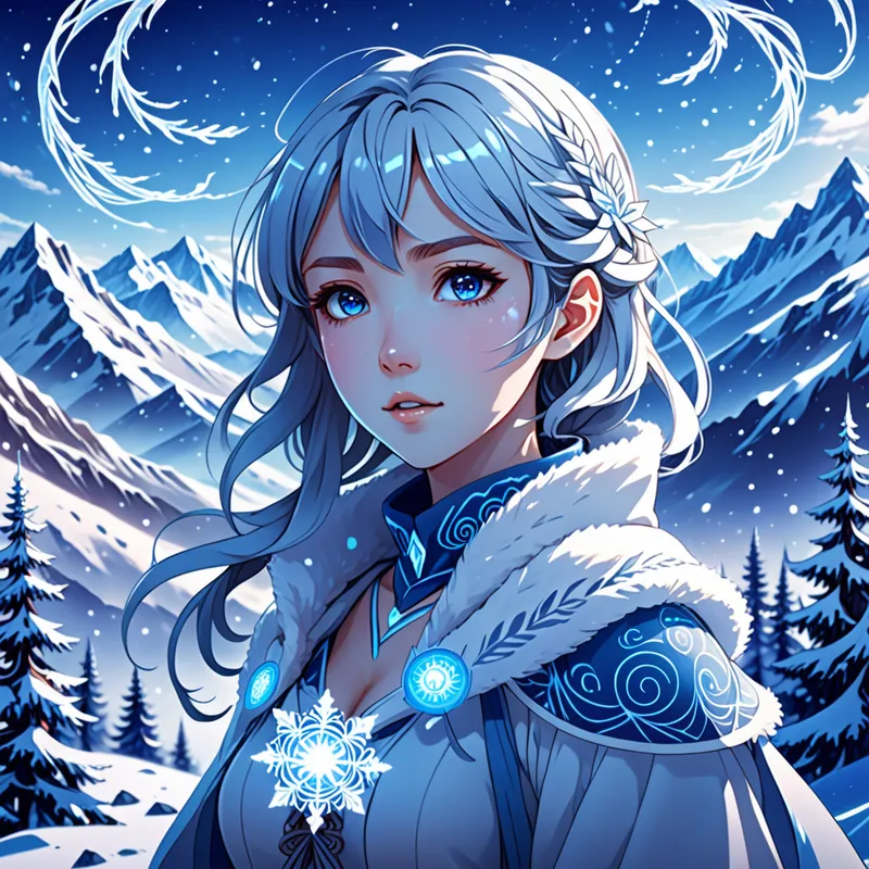 Arctic Dream Mage - An anime-style girl in a serene snowy world with blue magical energy spiraling around her, delicate anime facial features, icy mountains in the background, glowing frost patterns, enchanting fantasy style, high detail, atmospheric composition - AI image generated with Fictional