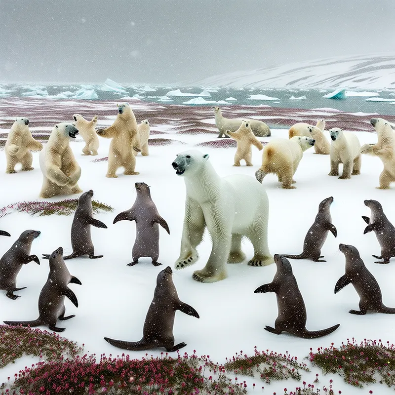 Arctic Rain Dance - A rare and heartwarming sight of arctic animals like polar bears, seals, and arctic foxes dancing in an unusual summer rainstorm. The icy landscape is beginning to bloom with scattered tundra flowers, and the animals revel in the uncharacteristic weather with playful dance moves. - AI image generated with Art