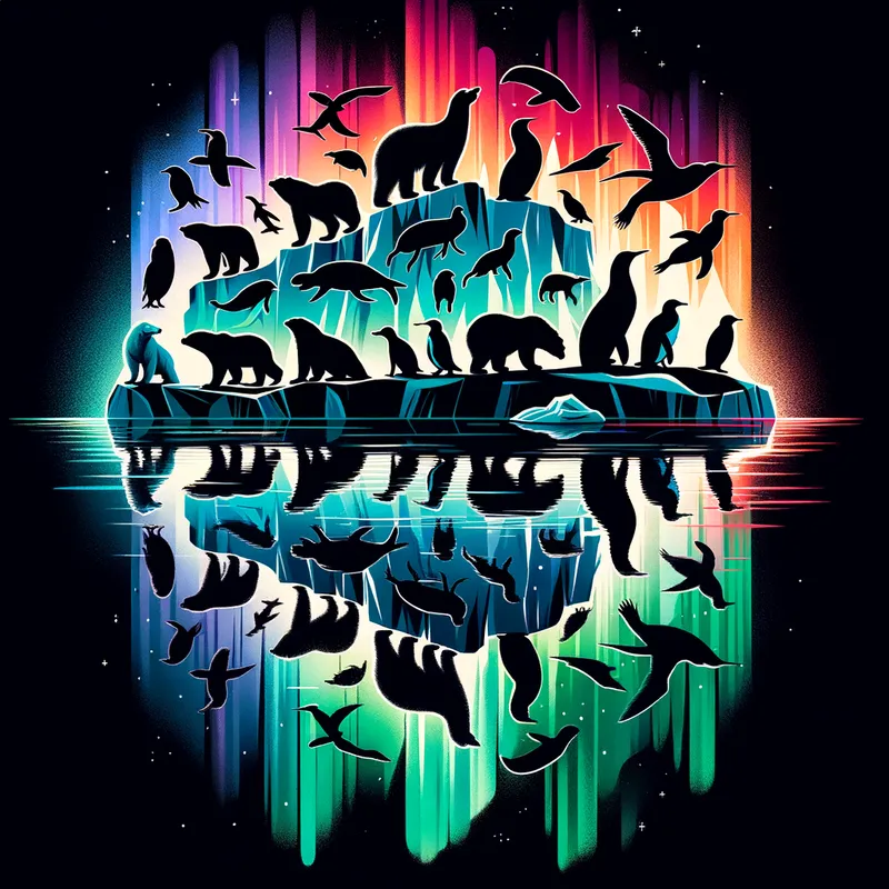 Arctic Wonders - Silhouettes of arctic animals, including polar bears, seals, and penguins, depicted in striking colors. These silhouettes assemble into the shape of a northern iceberg, reflecting the Aurora Borealis. - AI image generated with Art